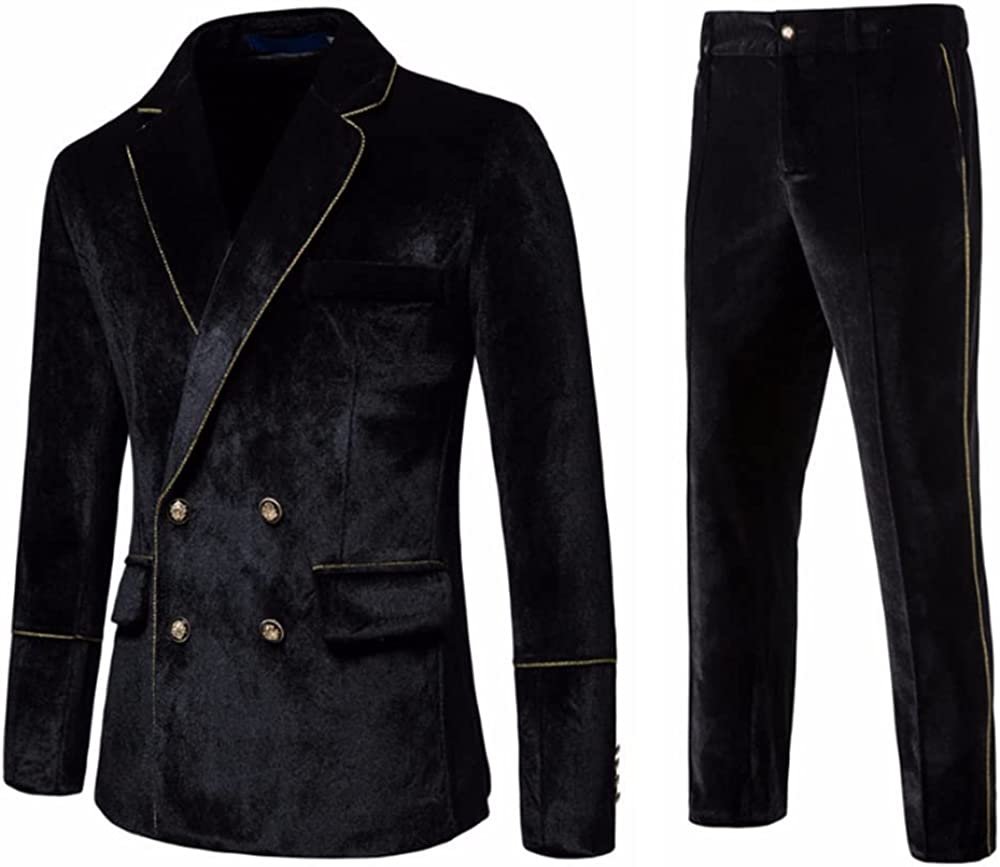 Fancy Black Notched Lapel Double Breasted Velvet Prom Ensemble
