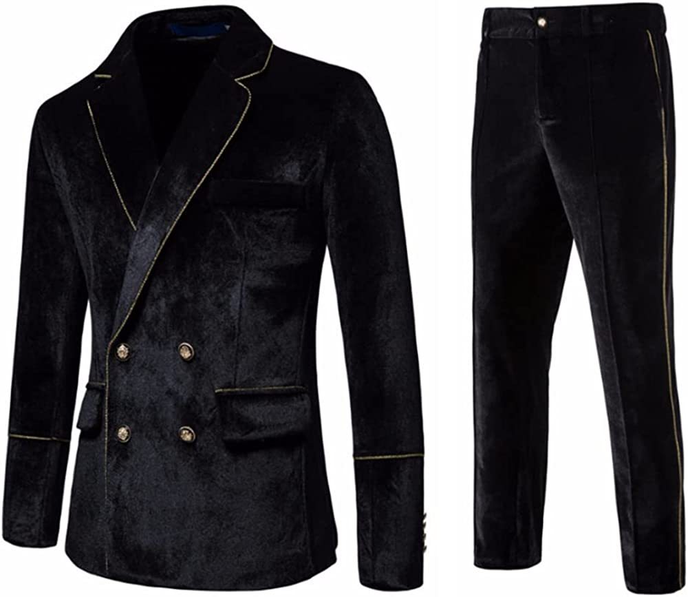 Fancy Black Notched Lapel Double Breasted Velvet Prom Ensemble