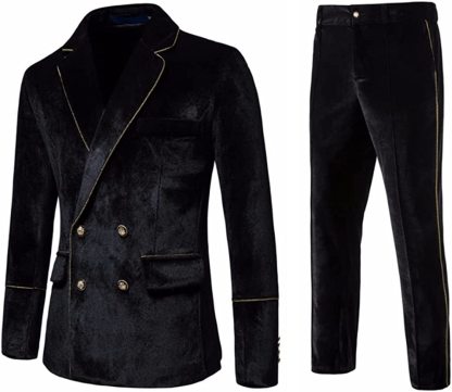 Fancy Black Notched Lapel Double Breasted Velvet Prom Ensemble