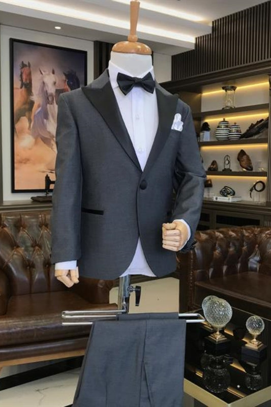 Deep Gray Stylish Peaked Lapel Two-Piece Prom Suit For Men