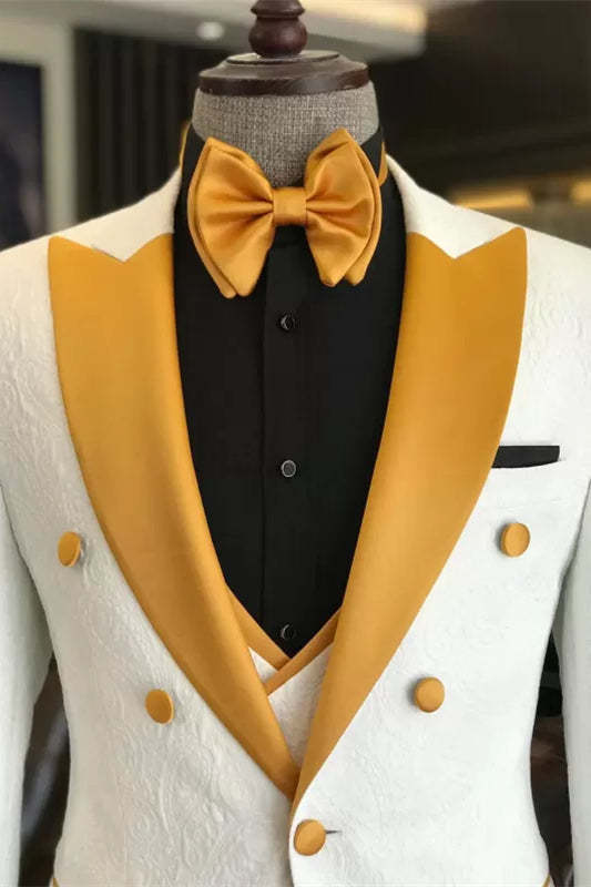 Alluring White Three-Piece Prom Suit with White Gold Peak Lapel