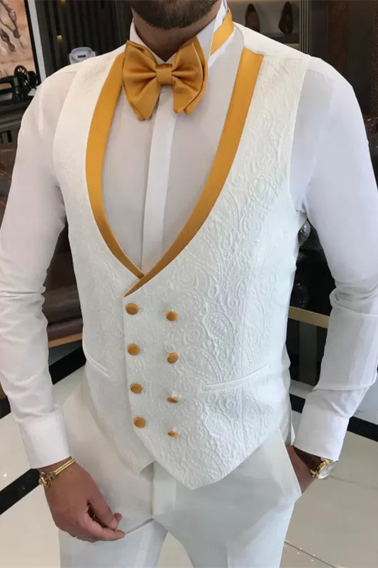 Alluring White Three-Piece Prom Suit with White Gold Peak Lapel