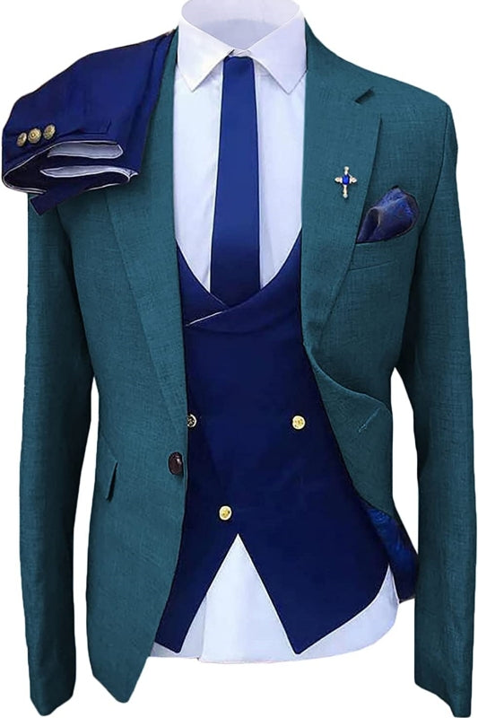 Teal Blue Notched Lapel Three-Piece Bespoke Prom Suit