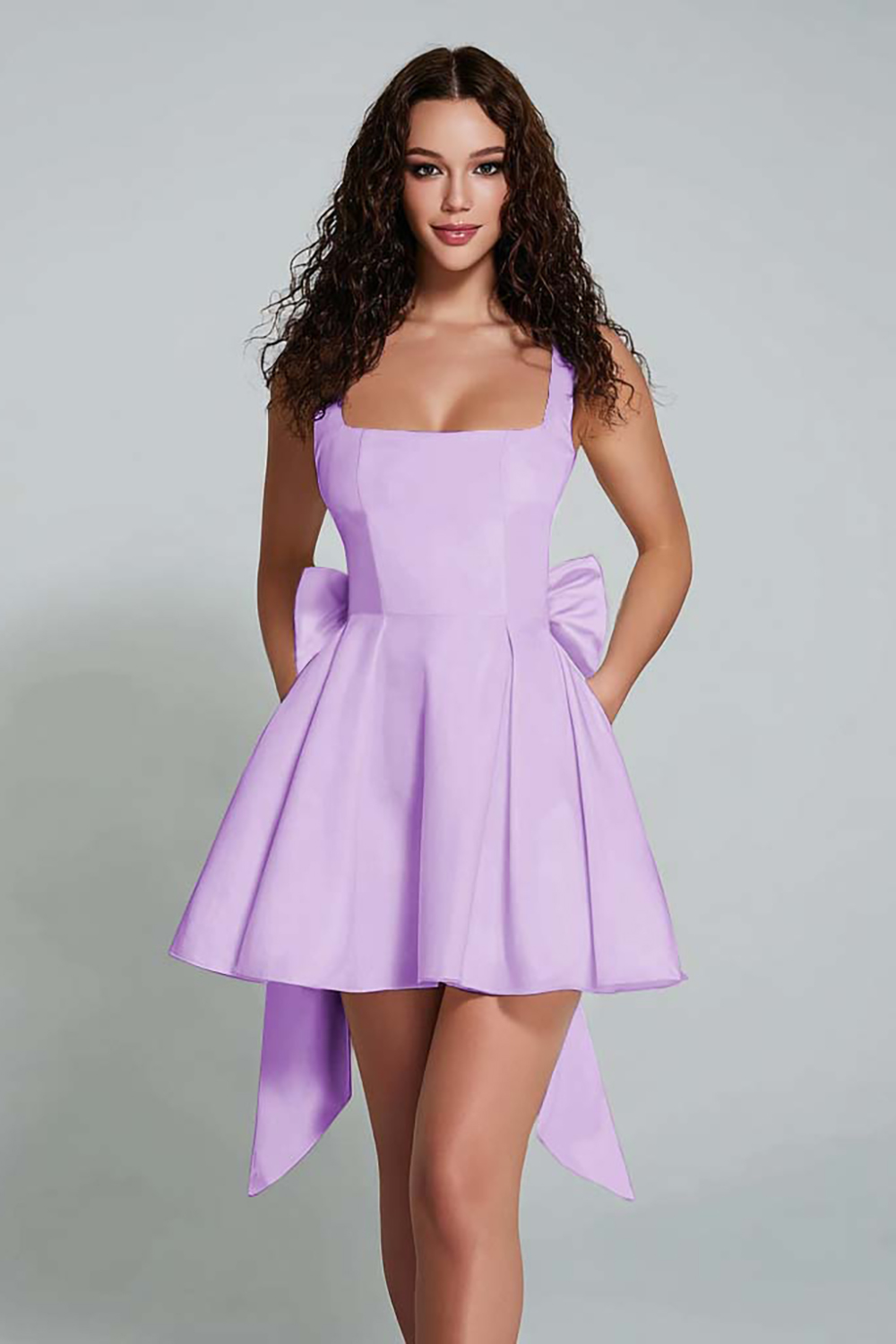 Elegant White A Line Square Neck Short Satin Cocktail Dress With Bow