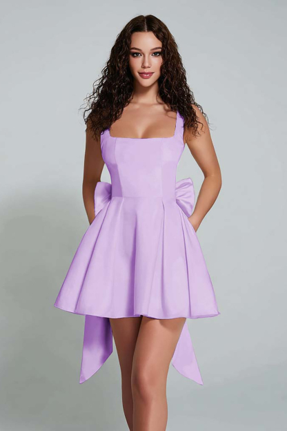 Elegant White A Line Square Neck Short Satin Cocktail Dress With Bow