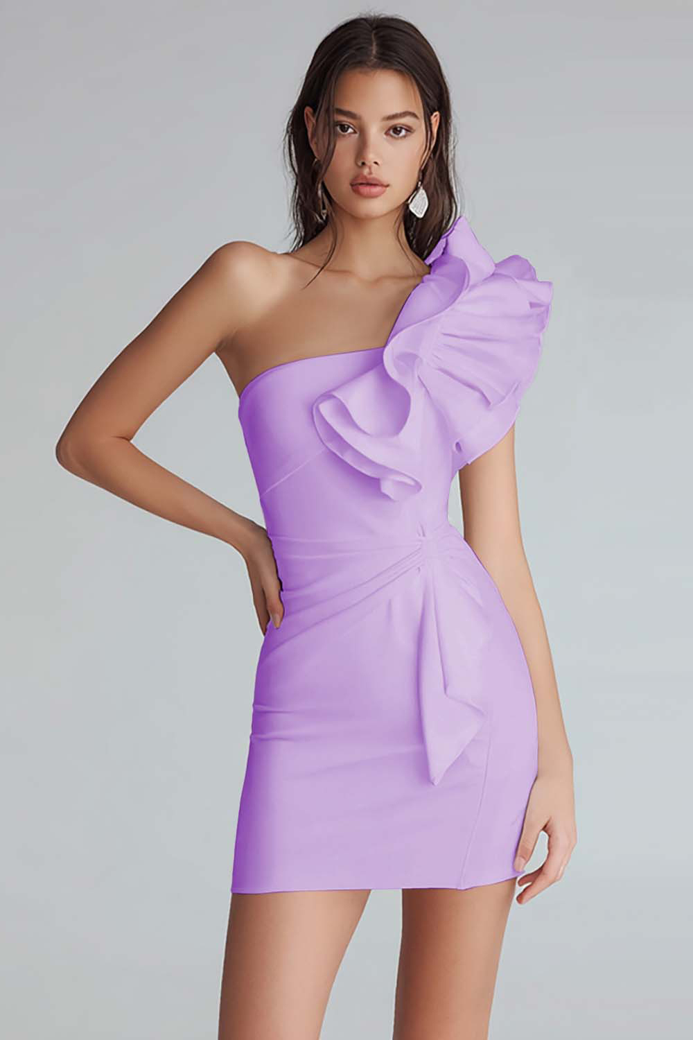 Ivory Satin Satin One Shoulder Short Tight Cocktail Dress With Ruffles