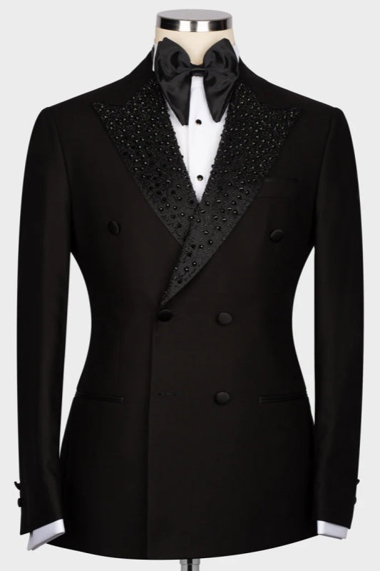 Black Double-Breasted Wedding Suit with Sequins and Peaked Lapel
