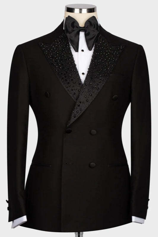 Black Double-Breasted Wedding Suit with Sequins and Peaked Lapel