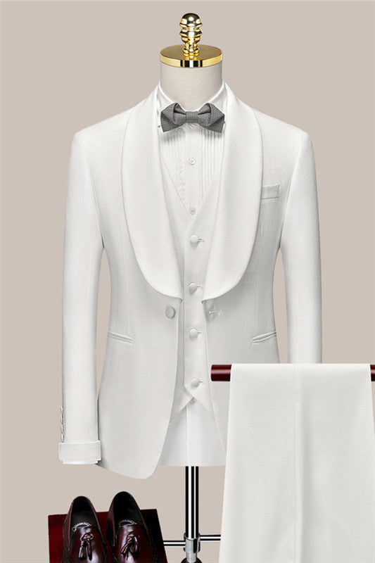White Shawl Lapel Three-Piece Fitted Wedding Suit
