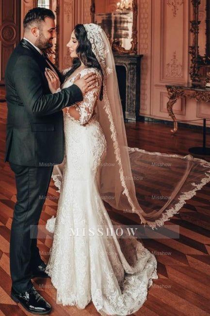 Long Sleeve V-Neck Lace A-Line Stain Wedding Dresses with Ruffles