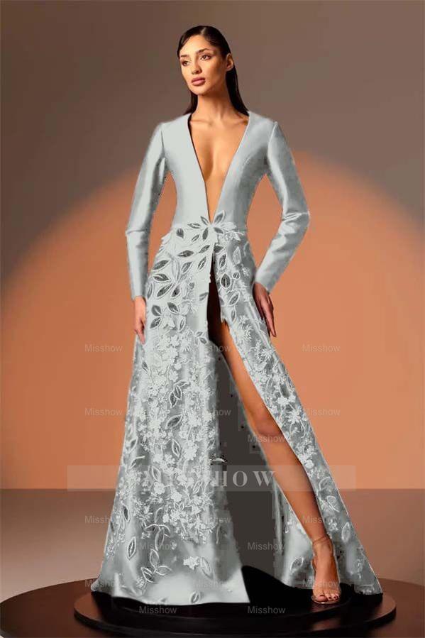 Long Sleeves Deep V Neck High Split Long Formal Dress With Appliques