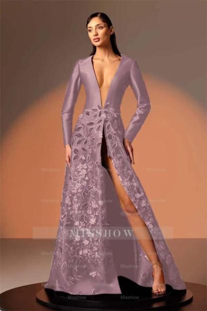 Long Sleeves Deep V Neck High Split Long Formal Dress With Appliques