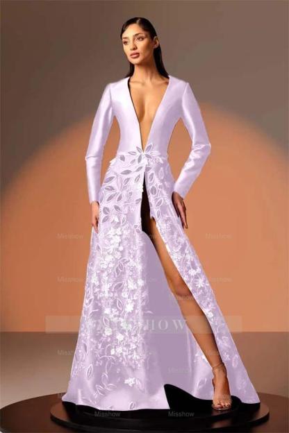 Long Sleeves Deep V Neck High Split Long Formal Dress With Appliques