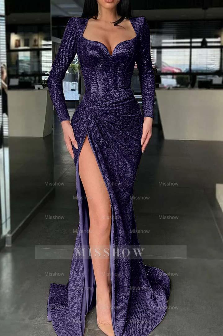 Long Sleeves High Split Long Formal Dress Mermaid With Sequins