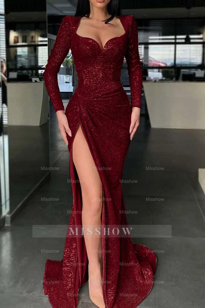 Long Sleeves High Split Long Formal Dress Mermaid With Sequins