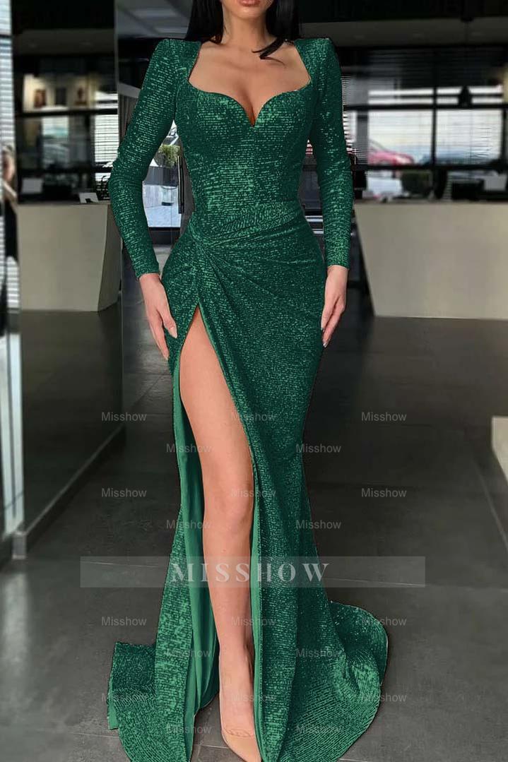 Long Sleeves High Split Long Formal Dress Mermaid With Sequins