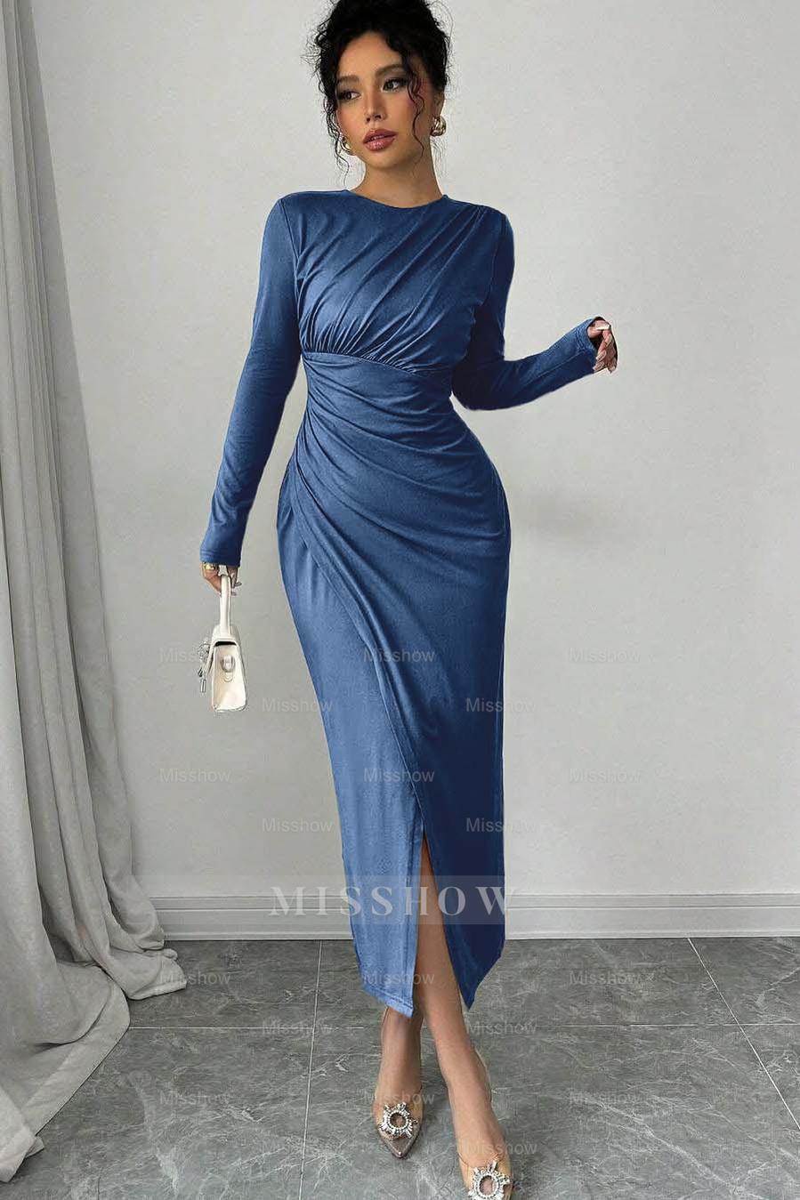 Long Sleeves Jewel Neck Tea Length Formal Dress With Split Pleated