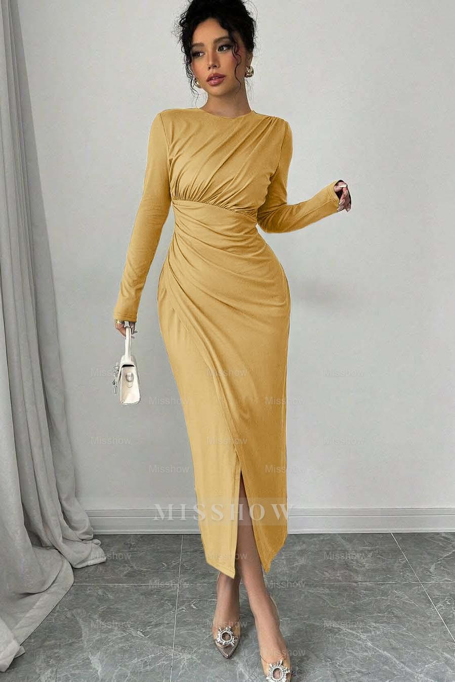 Long Sleeves Jewel Neck Tea Length Formal Dress With Split Pleated
