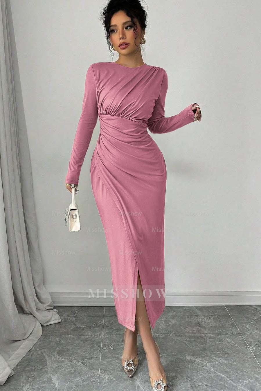 Long Sleeves Jewel Neck Tea Length Formal Dress With Split Pleated