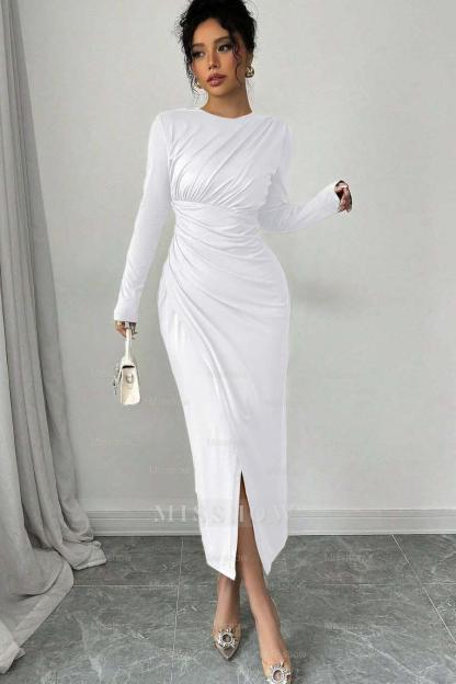 Long Sleeves Jewel Neck Tea Length Formal Dress With Split Pleated