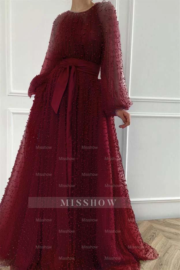 Long Sleeves Long Jewel Neck Formal Dress With Pleated Beading