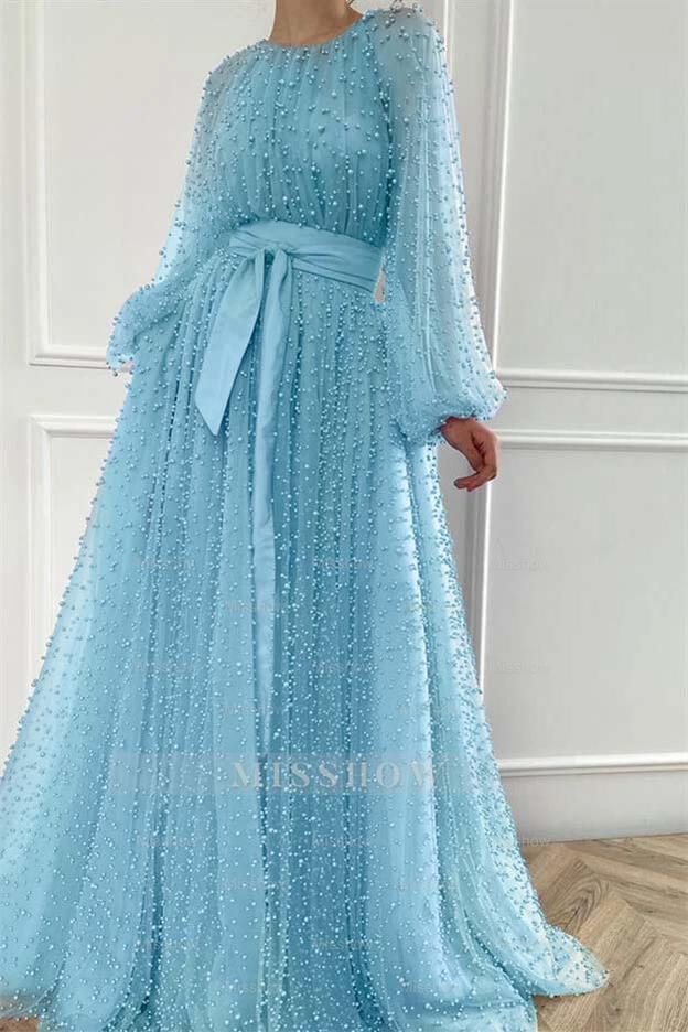 Long Sleeves Long Jewel Neck Formal Dress With Pleated Beading