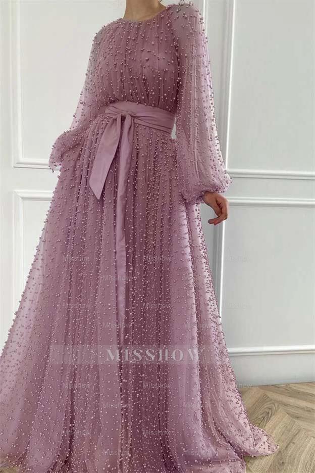 Long Sleeves Long Jewel Neck Formal Dress With Pleated Beading