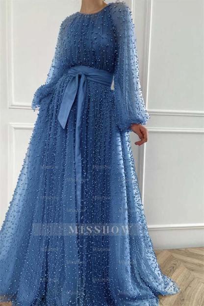 Long Sleeves Long Jewel Neck Formal Dress With Pleated Beading