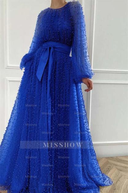 Long Sleeves Long Jewel Neck Formal Dress With Pleated Beading
