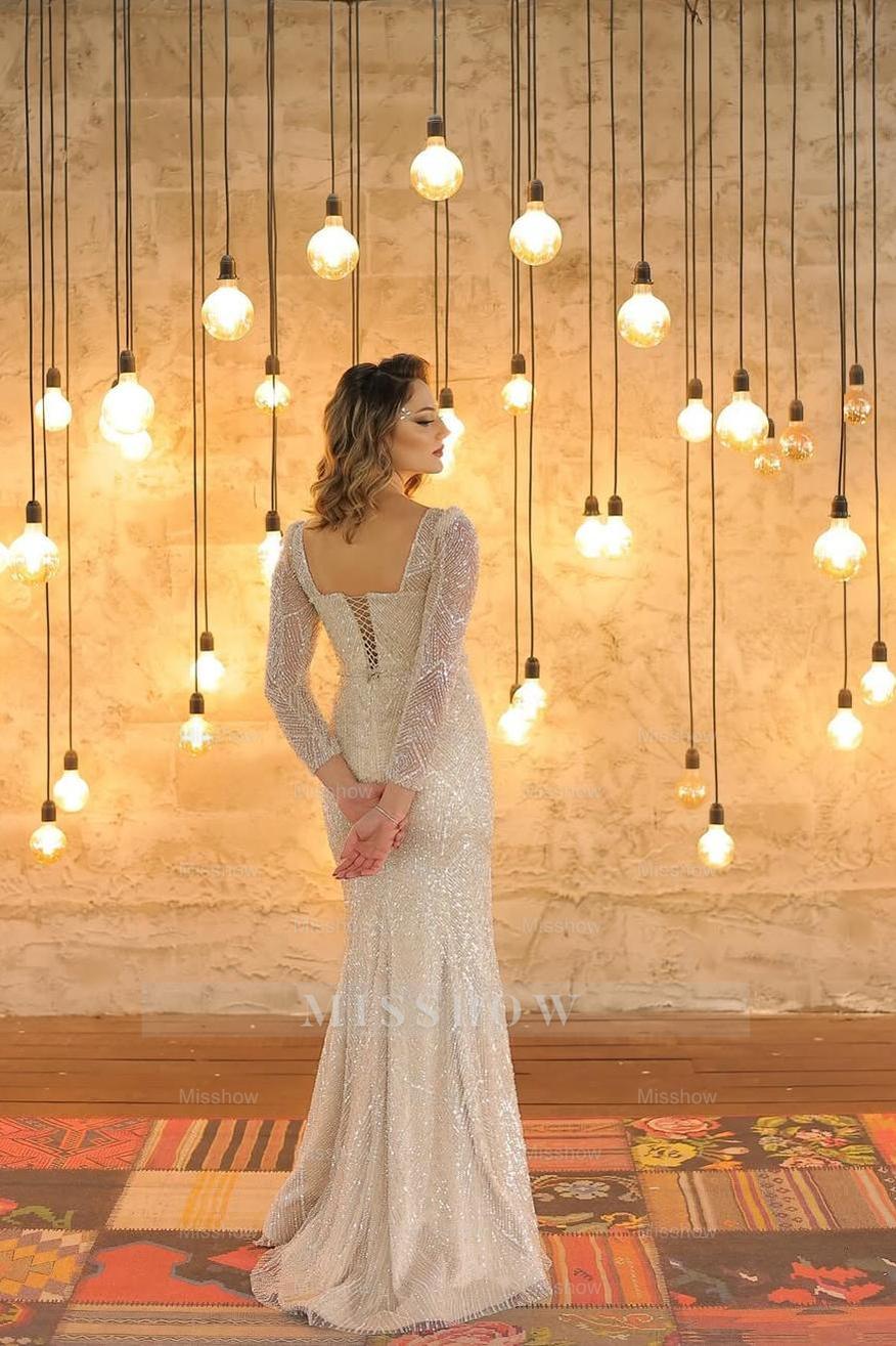 Long Sleeves Square Neck Mermaid Long Formal Dress With Beading