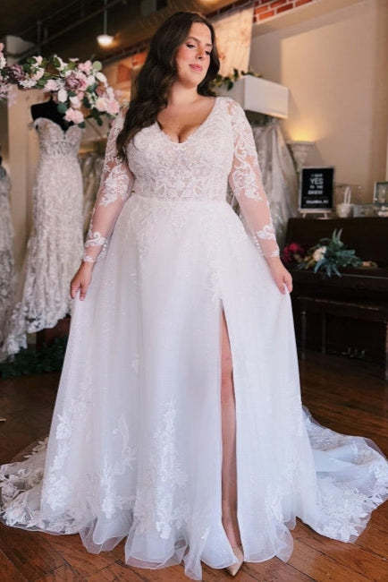 Long Sleeves V-Neck Plus Size Chiffon Wedding Dress