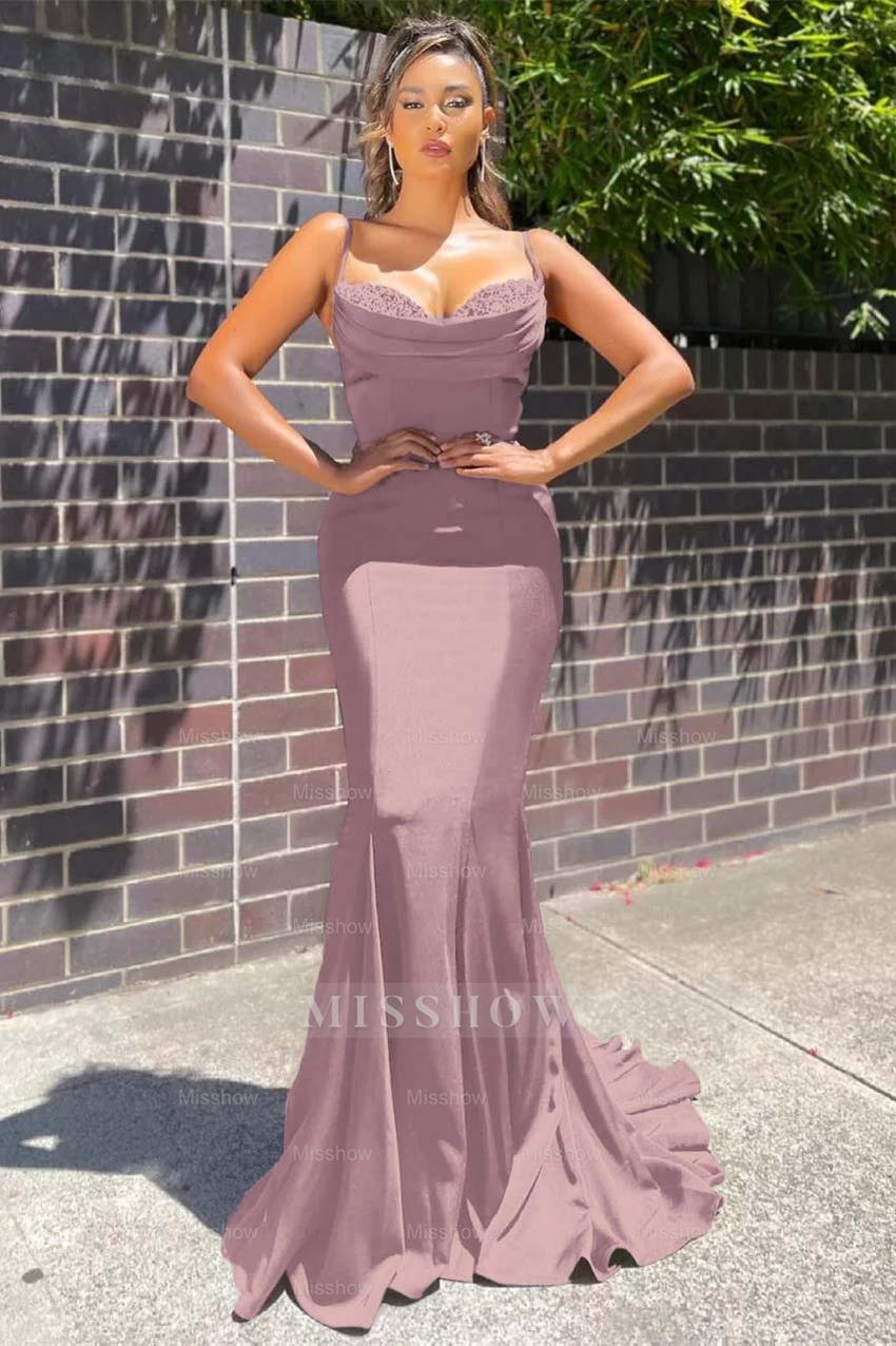 Long Spaghetti Strap Sleeveless Mermaid Ruffles Formal Dress With Beadings