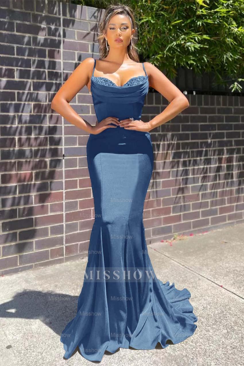 Long Spaghetti Strap Sleeveless Mermaid Ruffles Formal Dress With Beadings