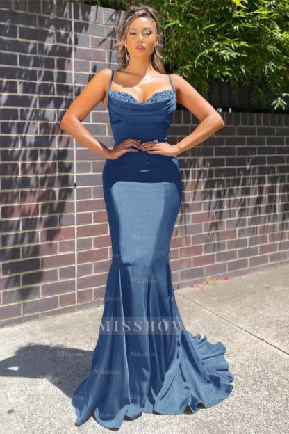 Long Spaghetti Strap Sleeveless Mermaid Ruffles Formal Dress With Beadings