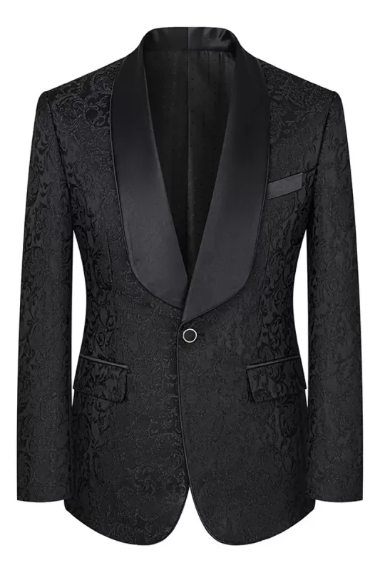 Classic Black Shawl Lapel Three-Piece Jacquard Prom Suit