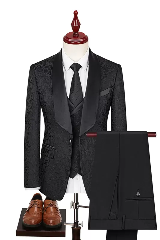 Classic Black Shawl Lapel Three-Piece Jacquard Prom Suit