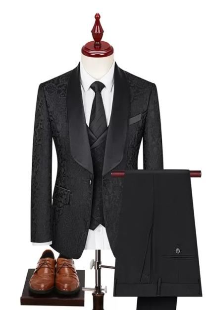 Classic Black Shawl Lapel Three-Piece Jacquard Prom Suit