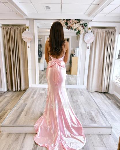 Lovely Long Pink Spaghetti Straps Sleeveless Backless Mermaid Prom Dress with Rhinestones