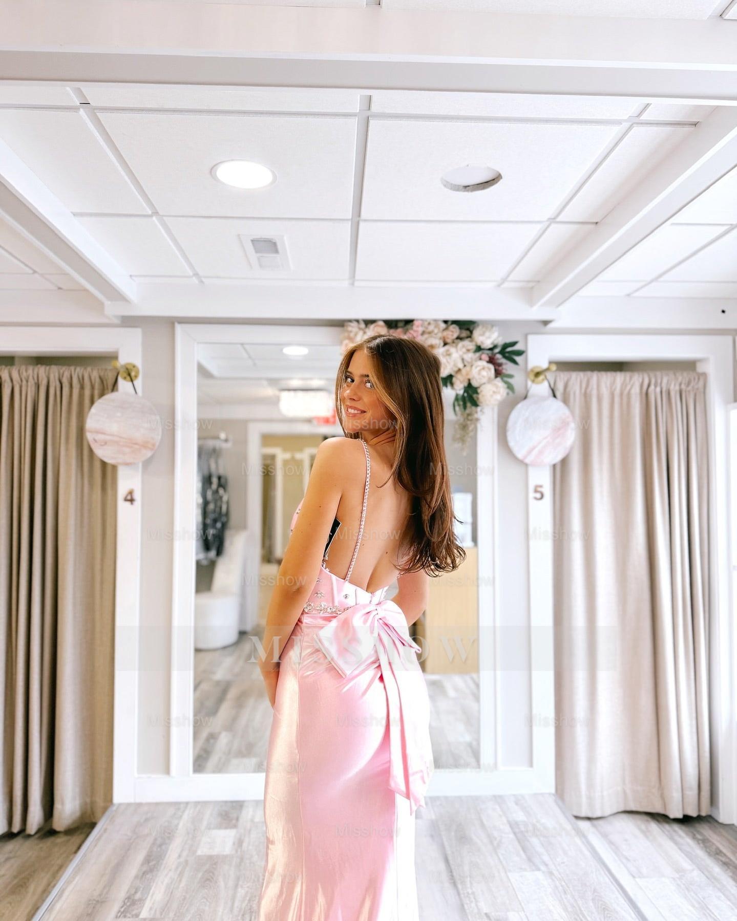 Lovely Long Pink Spaghetti Straps Sleeveless Backless Mermaid Prom Dress with Rhinestones