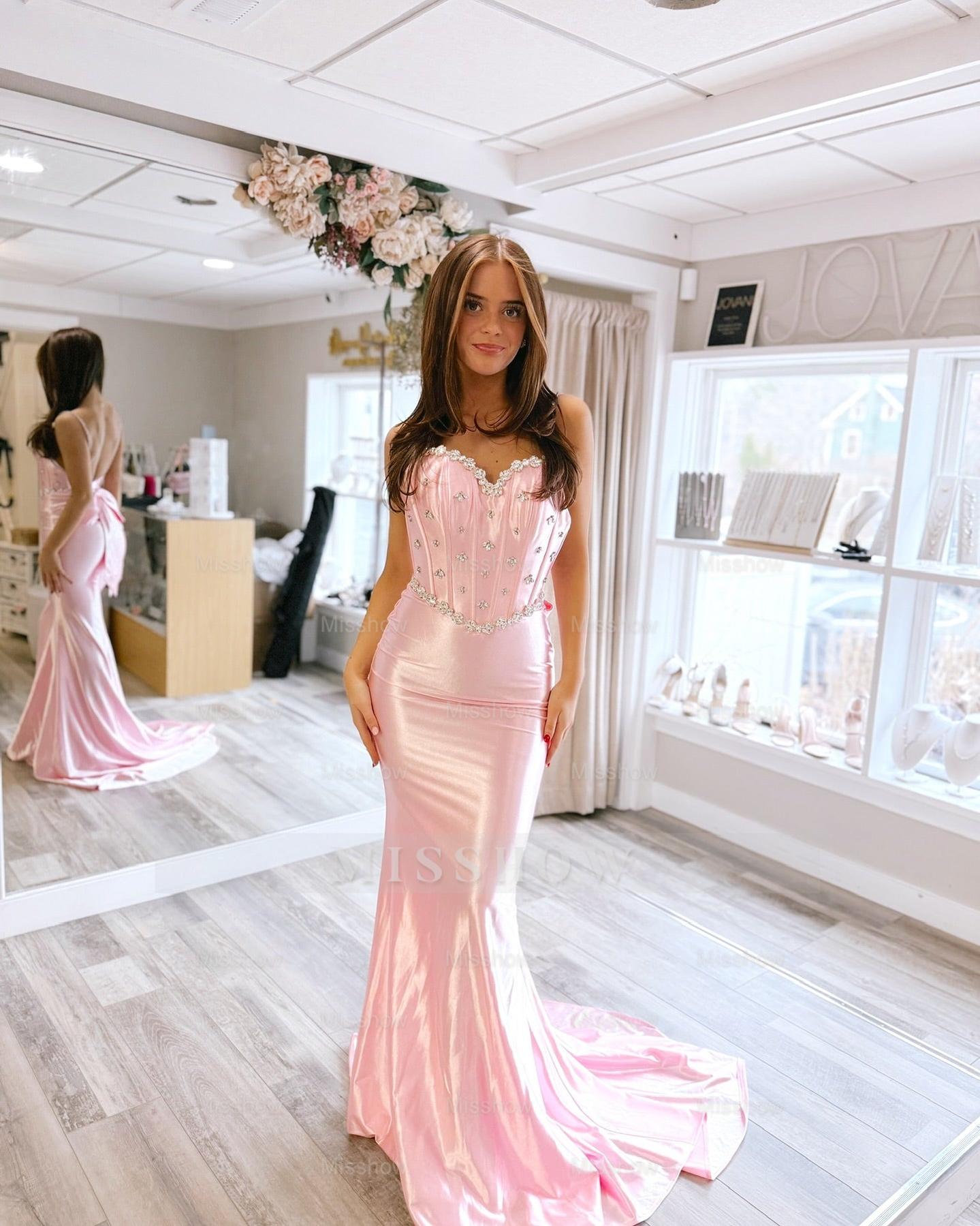 Lovely Long Pink Spaghetti Straps Sleeveless Backless Mermaid Prom Dress with Rhinestones
