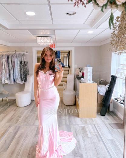 Lovely Long Pink Spaghetti Straps Sleeveless Backless Mermaid Prom Dress with Rhinestones