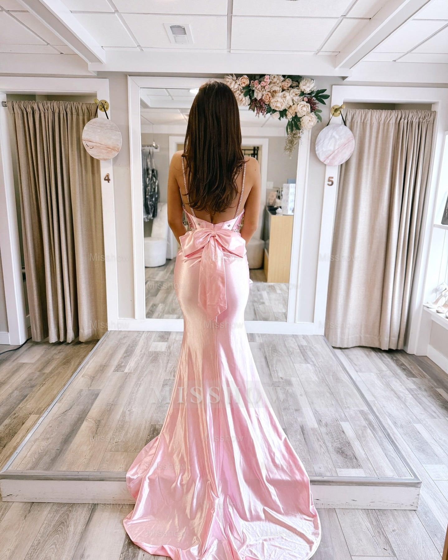 Lovely Long Pink Spaghetti Straps Sleeveless Backless Mermaid Prom Dress with Rhinestones