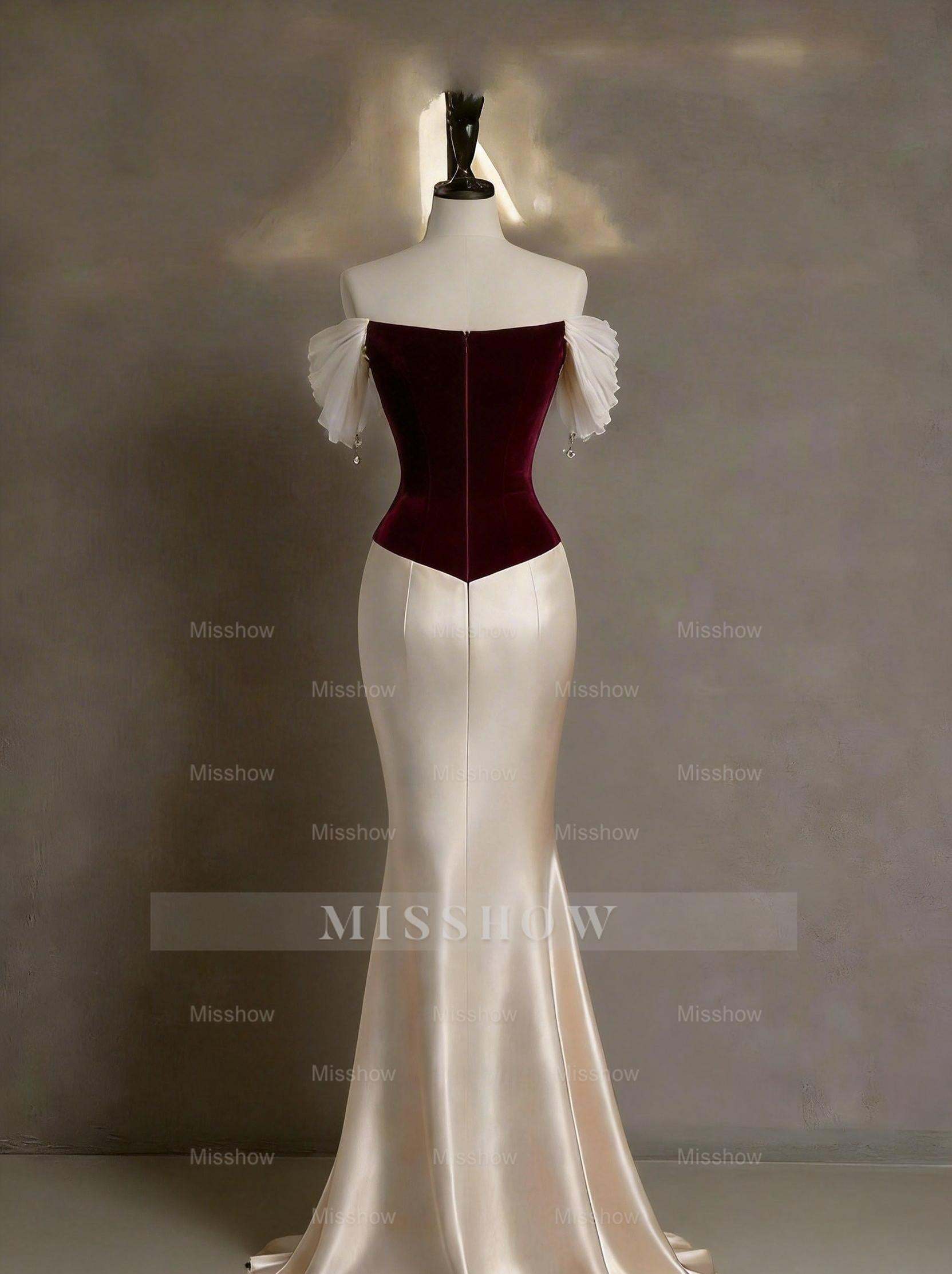 Luxurious Champagne and Burgundy Off-The-Shoulder Sleeveless Mermaid Formal Dress with Detachable Train