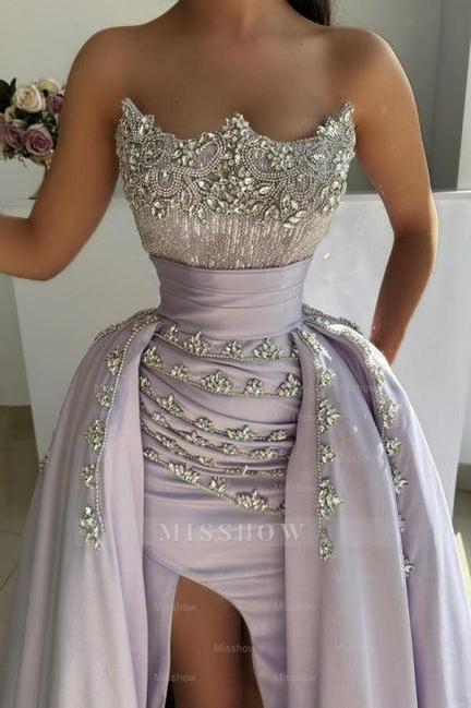 Luxurious Lilac A-Line Strapless Sleeveless Beaded Front Split Panel Train Satin Prom Dresses With Rhinestones