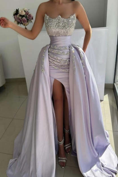 Luxurious Lilac A-Line Strapless Sleeveless Beaded Front Split Panel Train Satin Prom Dresses With Rhinestones