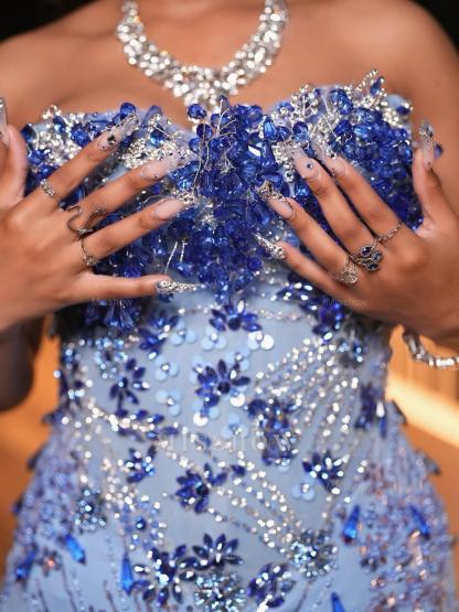 Luxurious Long Blue Strapless Sleeveless Mermaid Prom Dress with Sequins and Rhinestones