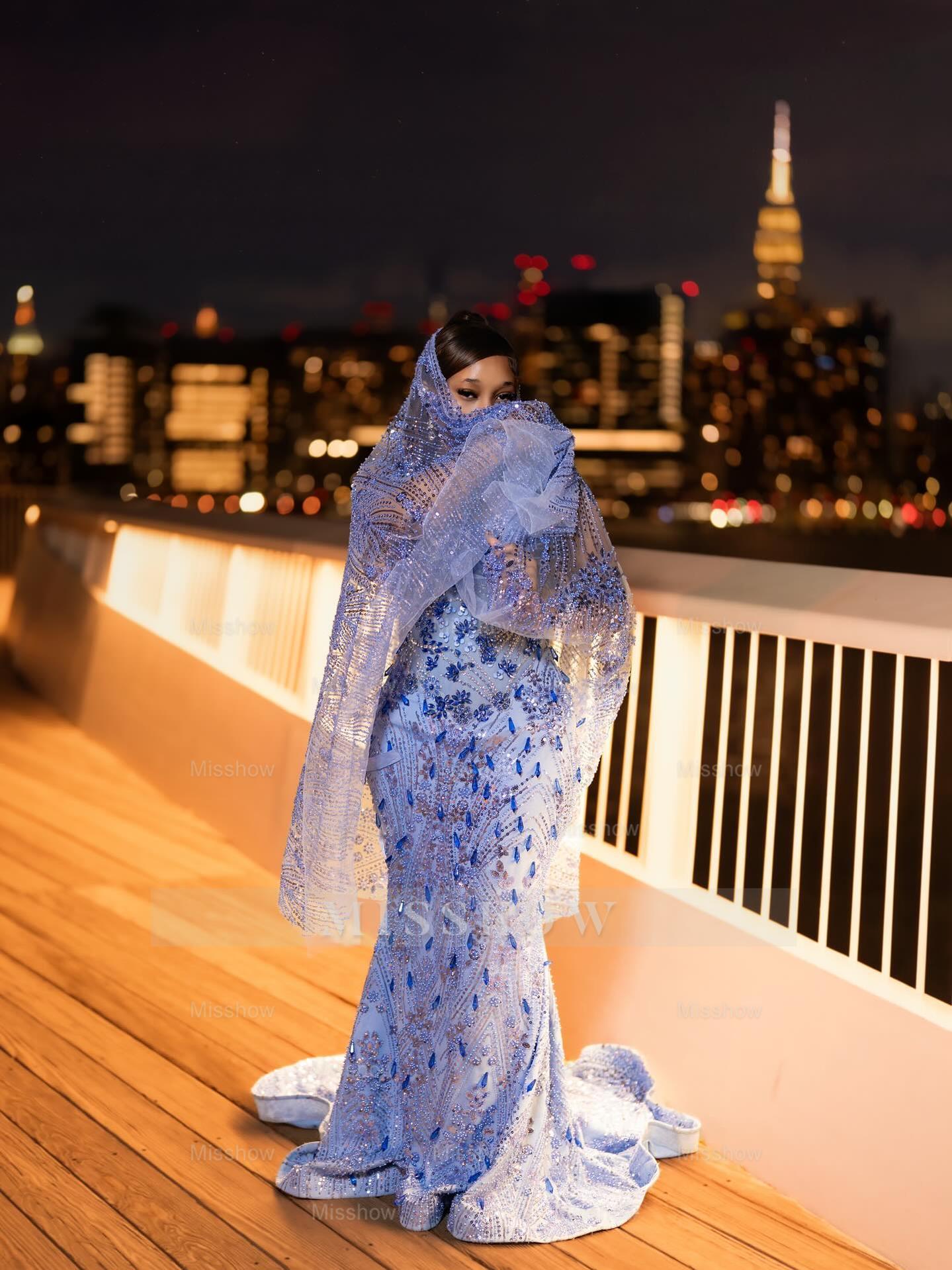 Luxurious Long Blue Strapless Sleeveless Mermaid Prom Dress with Sequins and Rhinestones