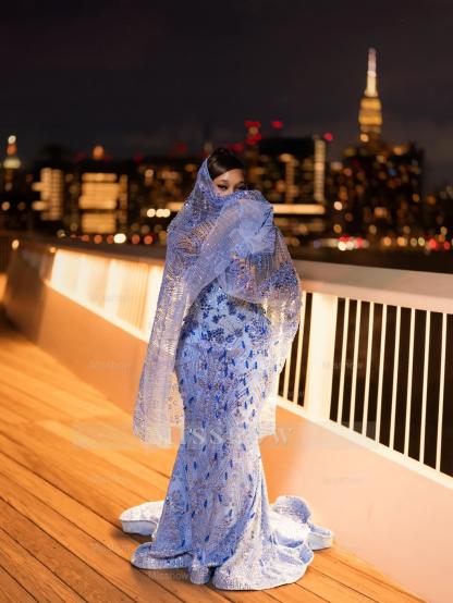 Luxurious Long Blue Strapless Sleeveless Mermaid Prom Dress with Sequins and Rhinestones