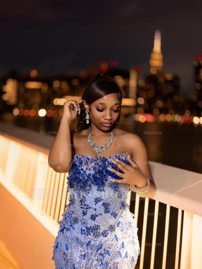 Luxurious Long Blue Strapless Sleeveless Mermaid Prom Dress with Sequins and Rhinestones