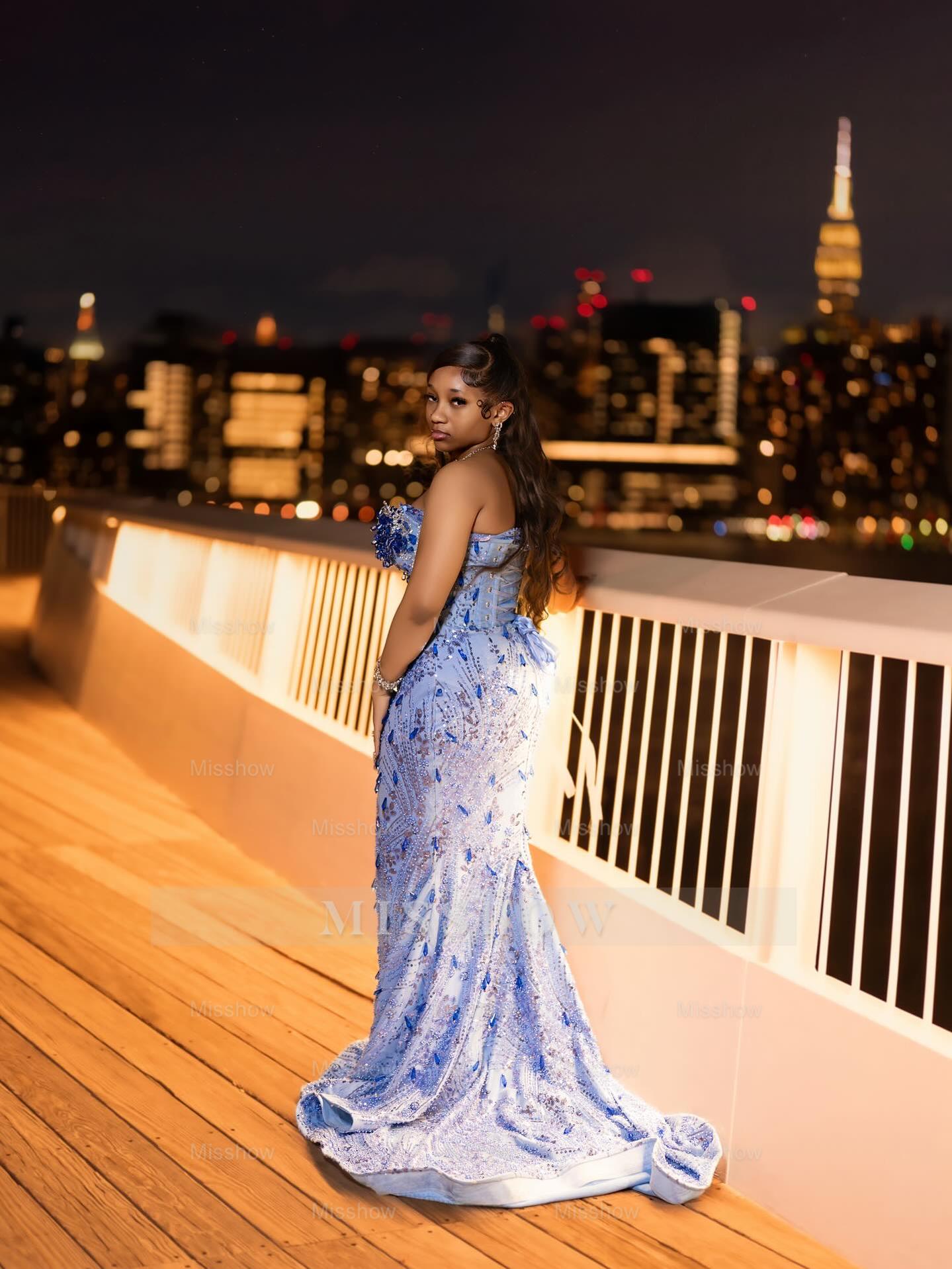 Luxurious Long Blue Strapless Sleeveless Mermaid Prom Dress with Sequins and Rhinestones